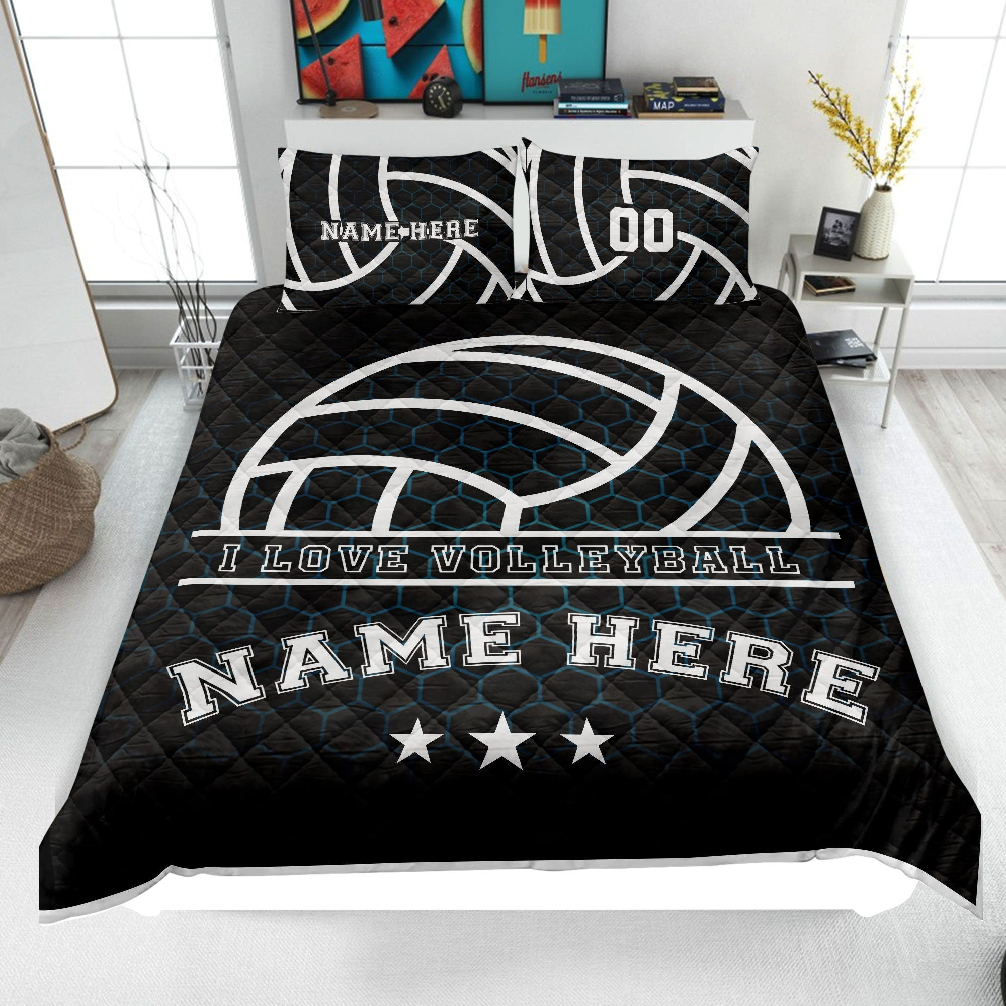 Personalized Volleyball Quilt Bedding Set, Volleyball Quilt Blanket & Pillowcase, Custom Name Number Duvet Cover Set, Gift for Mom, Daughter, Girl