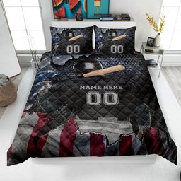 Personalized Baseball Quilt Bedding Set, Player US Flag Quilt Blanket & Pillowcase, Custom Name Number Duvet Cover Set, Gift for Dad, Husband, Son