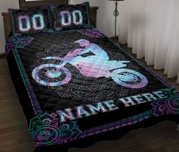 Personalized Motocross Quilt Bedding Set, Mandala Motorcycle Motocross Quilt Blanket With Pillowcases, Custom Name and Number Duvet Cover Set