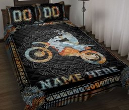 Personalized Motocross Quilt Bedding Set, Mandala Motorcycle Motocross Quilt Blanket With Pillowcases, Custom Name and Number Duvet Cover Set