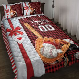 Personalized Baseball Quilt Bedding Set, Baseball Santa Hat Withmas Quilt Blanket With Pillowcases, and Number Bedding, Christmas Gift, Sports Gifts
