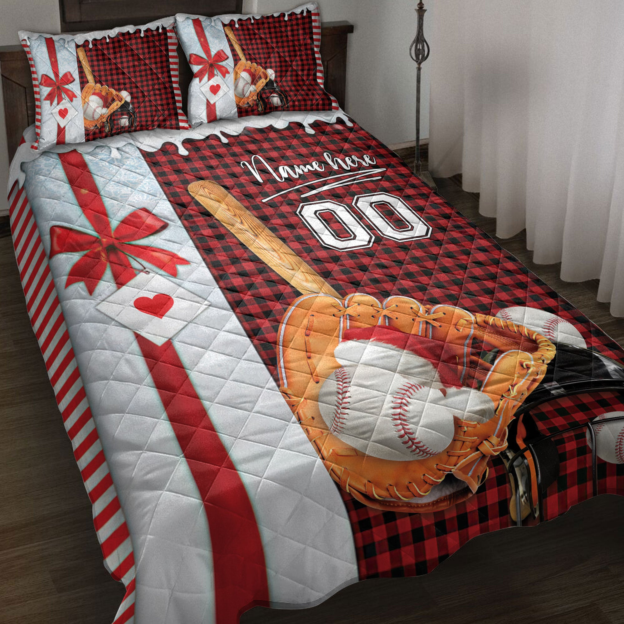 Personalized Baseball Quilt Bedding Set, Baseball Santa Hat Withmas Quilt Blanket With Pillowcases, and Number Bedding, Christmas Gift, Sports Gifts