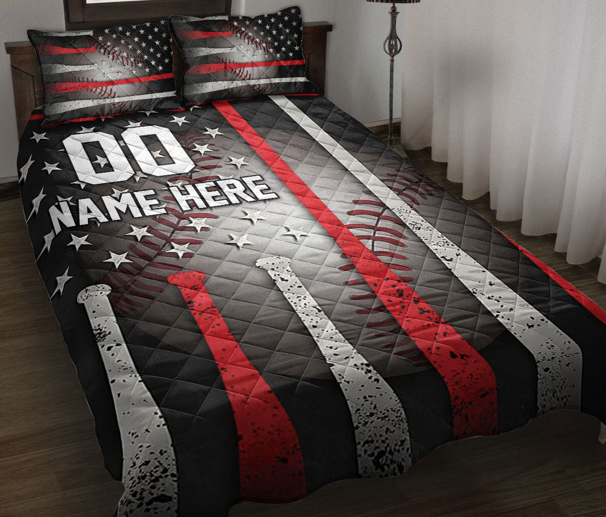 Personalized Baseball Quilt Bedding Set, Baseball Ball US Flag Quilt Blanket With Pillowcases, Custom Name and Number Duvet Cover Set, Sports Gifts