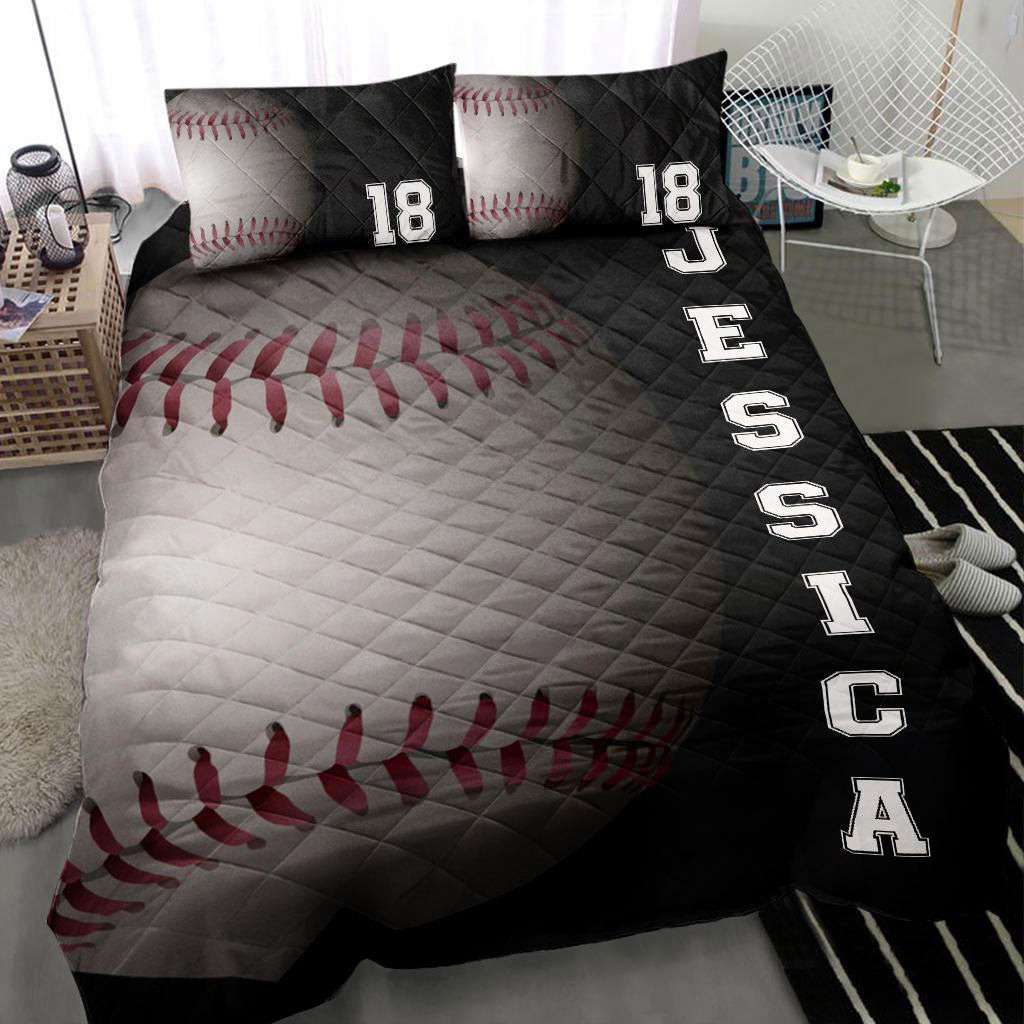 Personalized Baseball Quilt Bedding Set, Baseball Ball 3D Black Quilt Blanket With Pillowcases, Custom Name and Number Duvet Cover Set, Sports Gifts