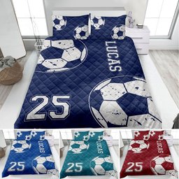 Personalized Soccer Quilt Bedding Set, Soccer Quilt Blanket & Pillowcases, Custom Name Number Duvet Cover Set, Bedspread, Gift for Son, Kid, Team