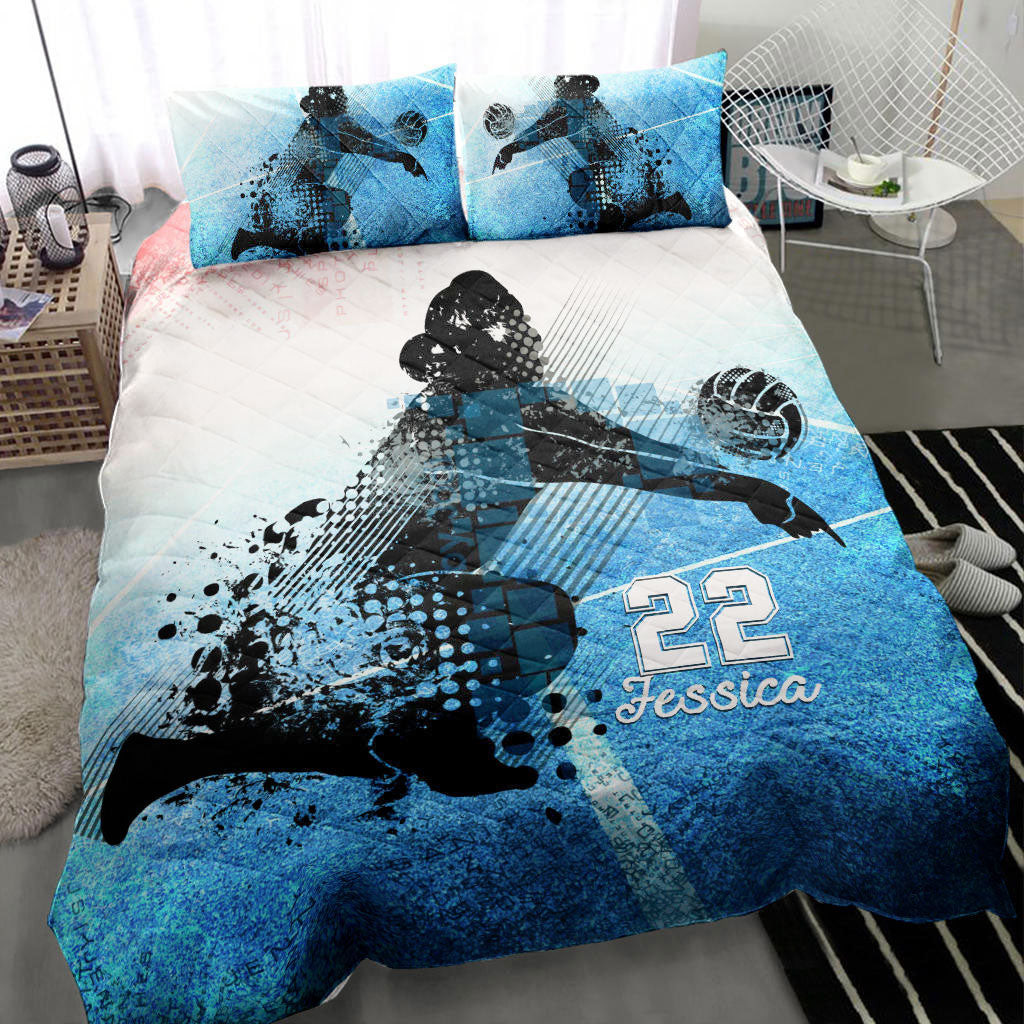 Personalized Volleyball Quilt Bedding Set, Volleyball Blue White Quilt Blanket With Pillowcases, Custom Name and Number Duvet Cover Set