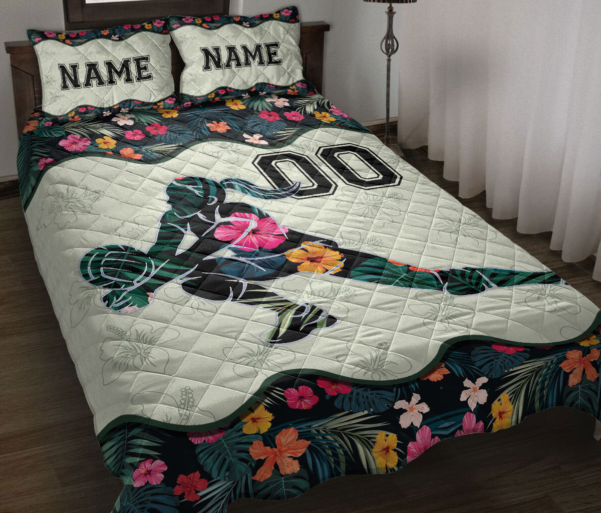 Personalized Volleyball Quilt Bedding Set, Flower Floral Volleyball Girl Quilt Blanket With Pillowcases, Custom Name and Number Duvet Cover Set