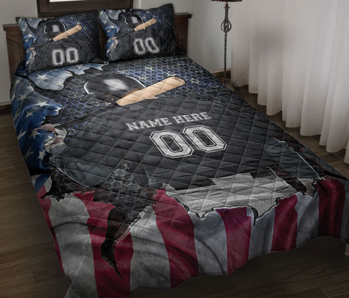Personalized Baseball Quilt Bedding Set, Baseball Boy US Flag Quilt Blanket With Pillowcases, Custom Name and Number Duvet Cover Set, Sports Gifts