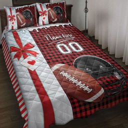 Personalized Football Quilt Bedding Set, Football Santa Hat Withmas Quilt Blanket With Pillowcases, Custom Name and Number Duvet Cover Set, Christmas Gift