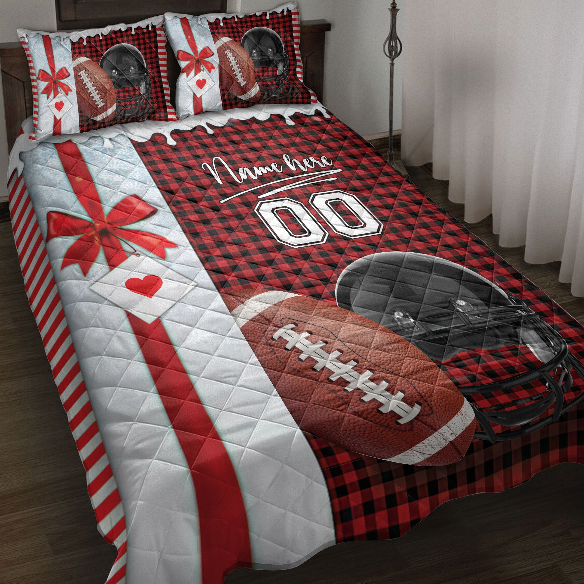 Personalized Football Quilt Bedding Set, Football Santa Hat Withmas Quilt Blanket With Pillowcases, Custom Name and Number Duvet Cover Set, Christmas Gift