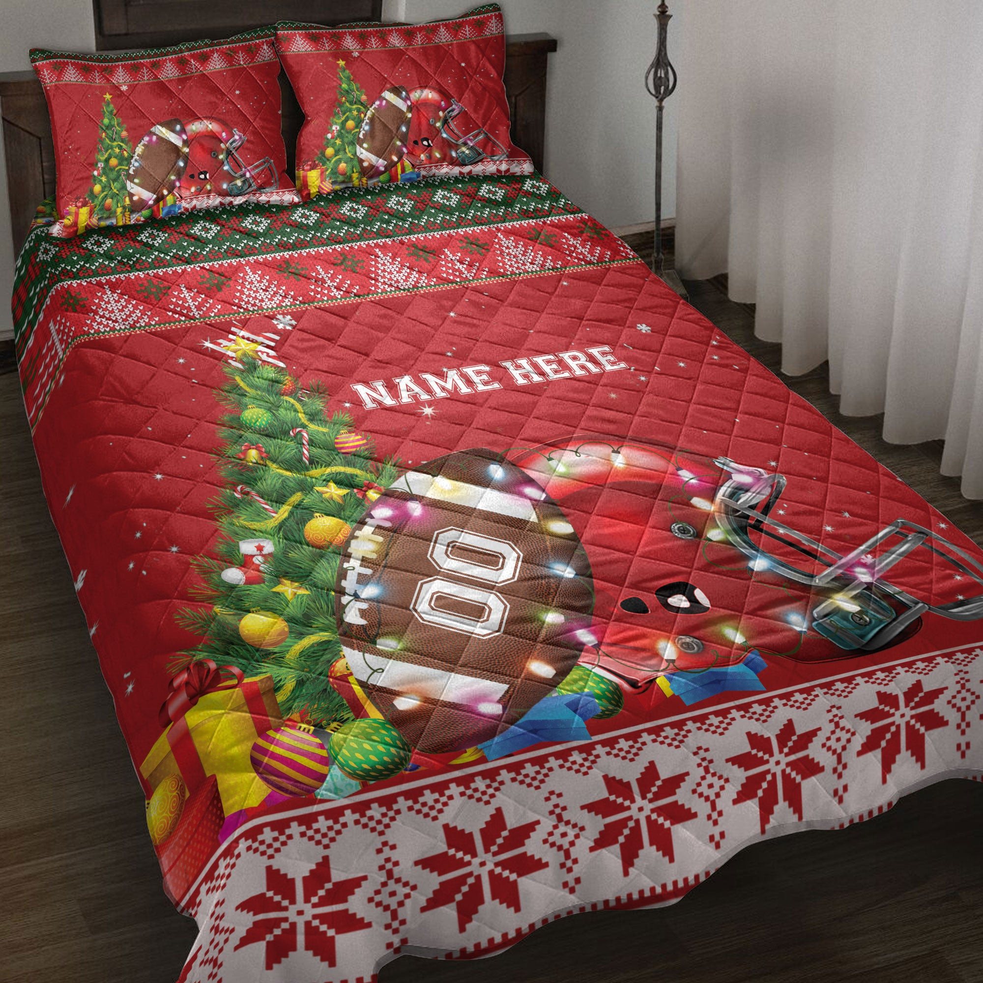 Personalized Football Quilt Bedding Set, Footballmas Tree String Light Quilt Blanket With Pillowcases, and Number Bedding, Christmas Gift