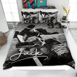 Personalized Hockey Quilt Bedding Set, Hockey Quilt Blanket & Pillowcase, Custom Name Number Duvet Cover Set, Gift for Dad, Husband, Son, Kid