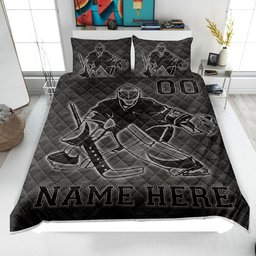 Personalized Hockey Quilt Bedding Set, Hockey Quilt Blanket & Pillowcase, Custom Name Number Duvet Cover Set, Gift for Dad, Husband, Son, Kid