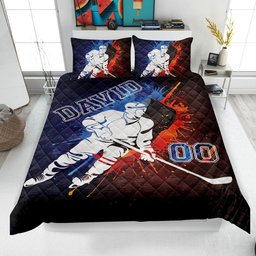Personalized Hockey Quilt Bedding Set, Hockey Quilt Blanket & Pillowcase, Custom Name Number Duvet Cover Set, Gift for Dad, Husband, Son, Kid