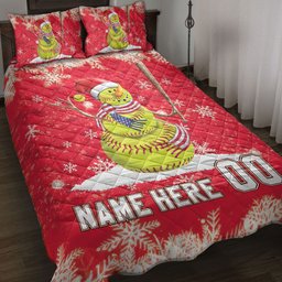 Personalized Softball Quilt Bedding Set, Softball Snowmanmas Quilt Blanket With Pillowcases, Custom Name and Number Duvet Cover Set, Christmas Gift
