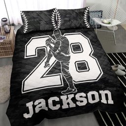 Personalized Baseball Quilt Bedding Set, Baseball Boy Black Pitcher Quilt Blanket With Pillowcases, Custom Name and Number Duvet Cover Set, Sports Gifts