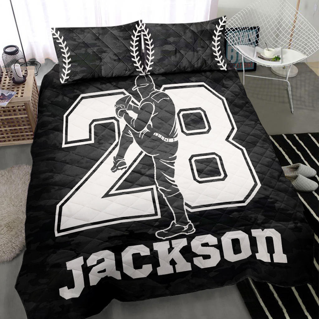 Personalized Baseball Quilt Bedding Set, Baseball Boy Black Pitcher Quilt Blanket With Pillowcases, Custom Name and Number Duvet Cover Set, Sports Gifts