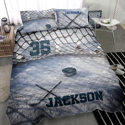 Personalized Hockey Quilt Bedding Set, Ice Hockey 3D Printed Quilt Blanket With Pillowcases, Custom Name and Number Duvet Cover Set
