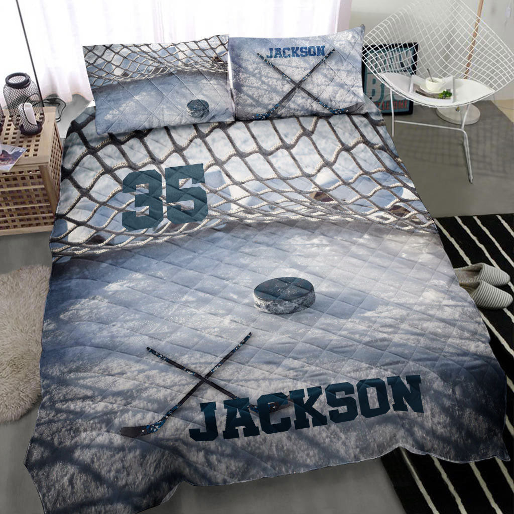 Personalized Hockey Quilt Bedding Set, Ice Hockey 3D Printed Quilt Blanket With Pillowcases, Custom Name and Number Duvet Cover Set