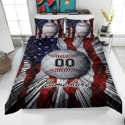Personalized Baseball Quilt Bedding Set, US Flag Quilt Blanket & Pillowcases, Custom Name Number Duvet Cover Set, Gift for Dad, Husband, Son, Kid