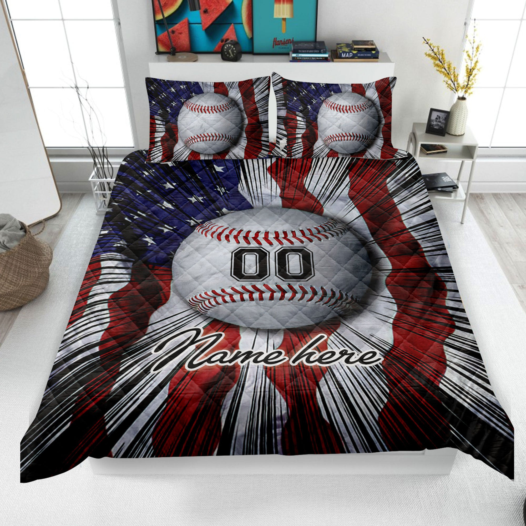 Personalized Baseball Quilt Bedding Set, US Flag Quilt Blanket & Pillowcases, Custom Name Number Duvet Cover Set, Gift for Dad, Husband, Son, Kid