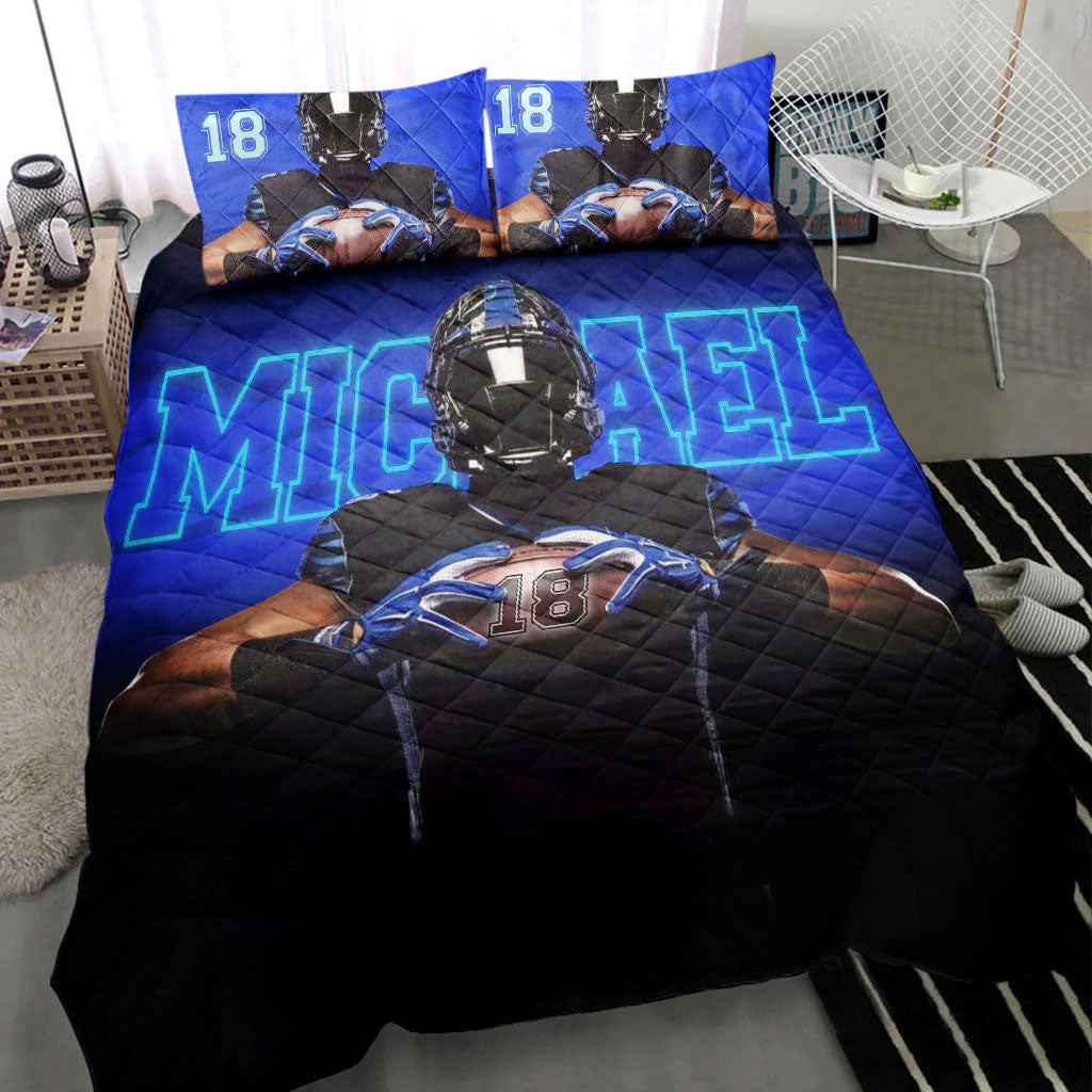 Personalized Football Quilt Bedding Set, America Football Blue Black 3D Quilt Blanket With Pillowcases, Custom Name and Number Duvet Cover Set