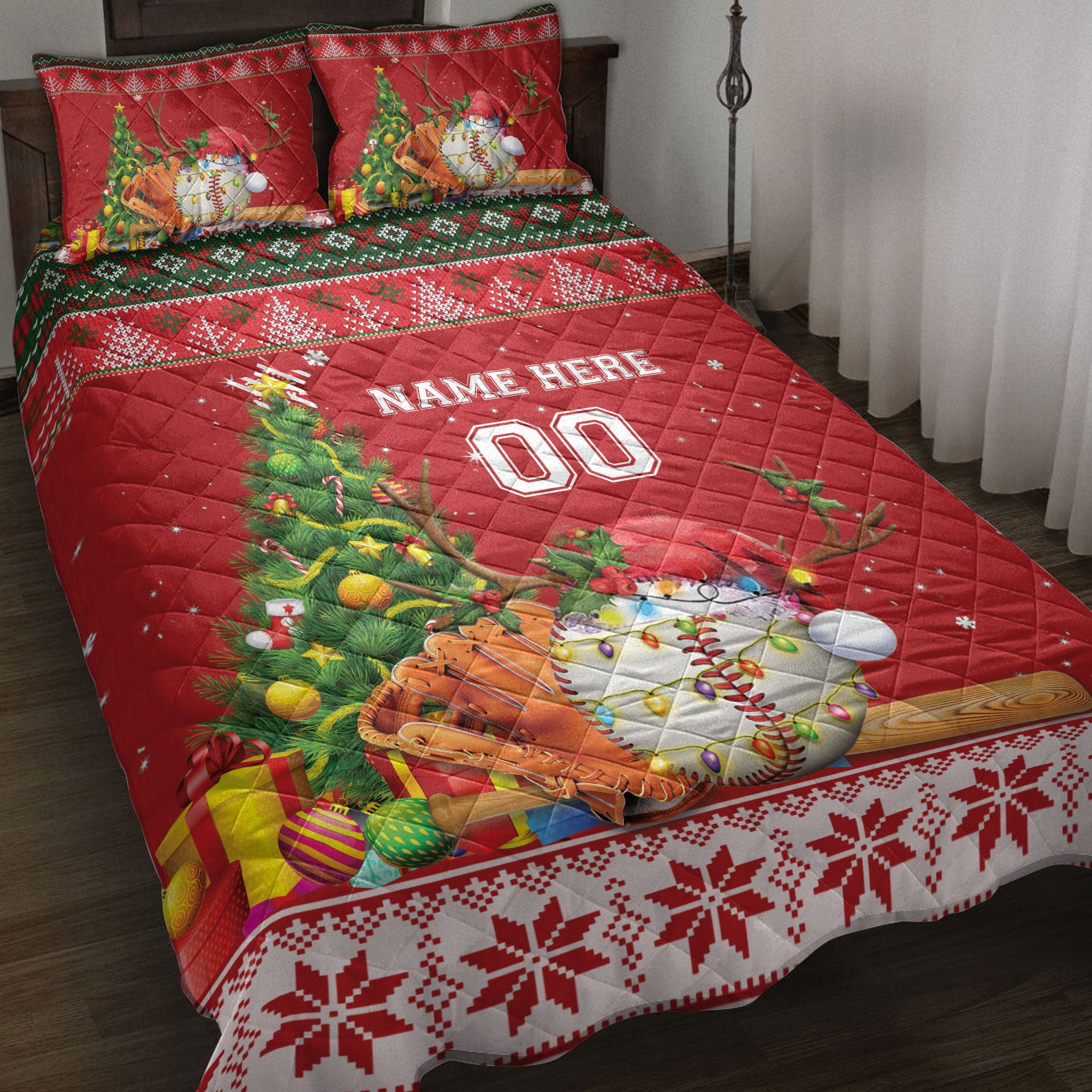 Personalized Baseball Quilt Bedding Set, Baseballmas Tree String Light Quilt Blanket With Pillowcases, and Number Bedding, Christmas Gift, Sports Gifts