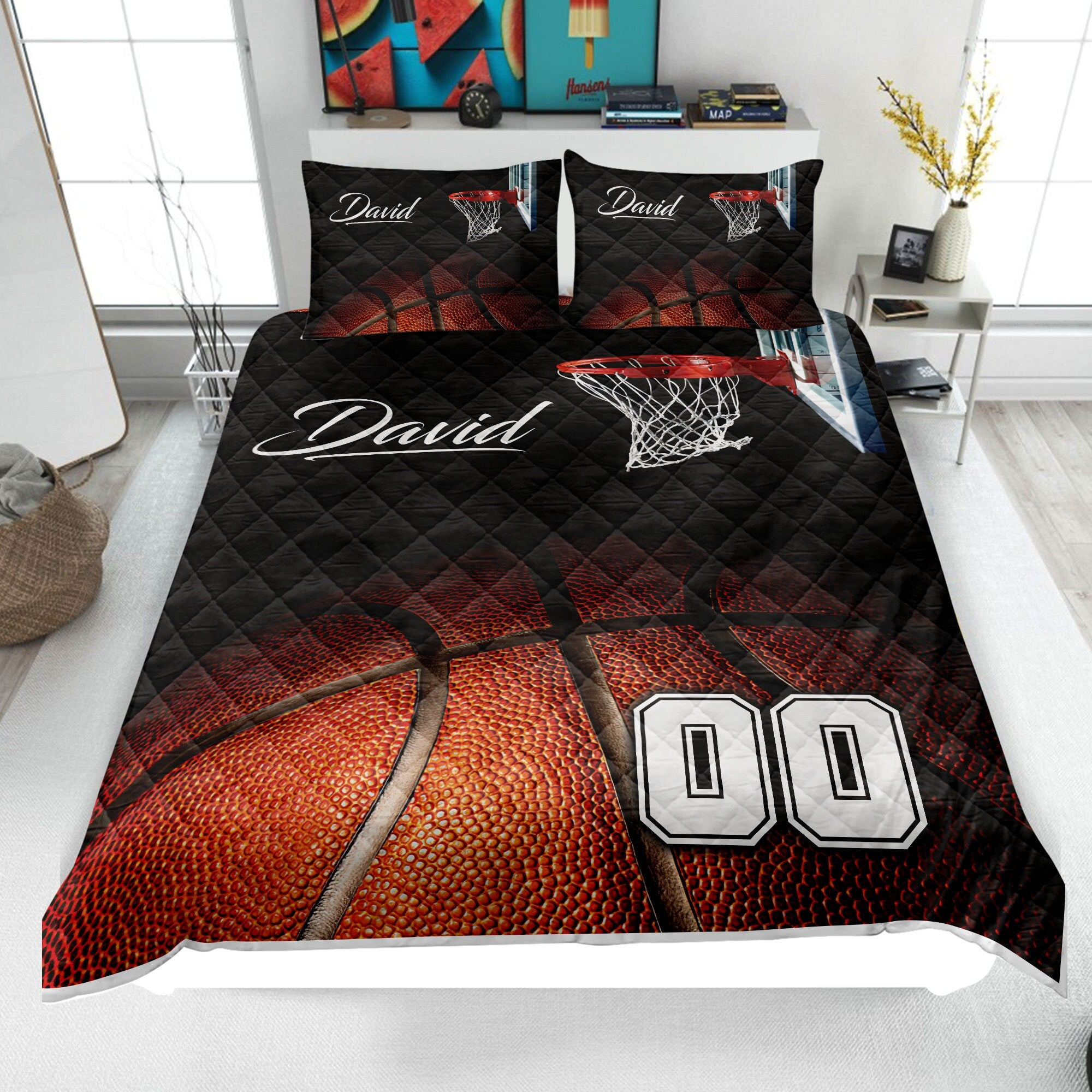 Personalized Basketball Quilt Bedding Set, Basketball Quilt Blanket & Pillowcases, Custom Name Number Duvet Cover Set, Gift for Dad, Husband, Son