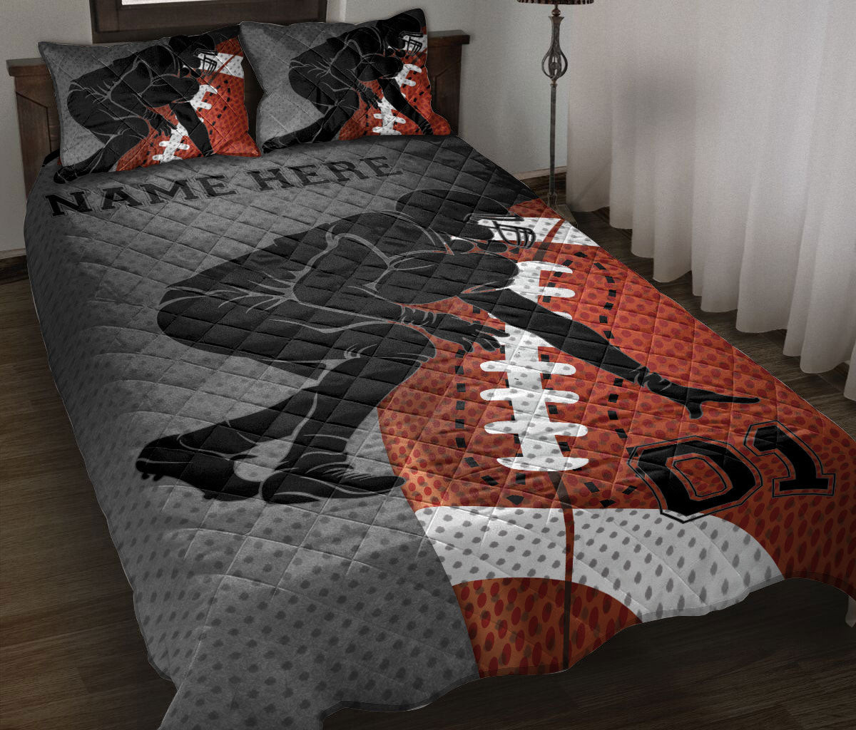 Personalized Football Quilt Bedding Set, Football Defense Player Quilt Blanket With Pillowcases, Custom Name and Number Duvet Cover Set