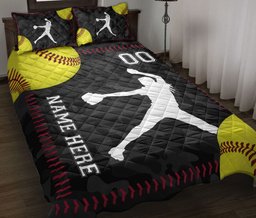 Personalized Softball Quilt Bedding Set, Softball Pitcher Yellow Ball Quilt Blanket With Pillowcases, Custom Name and Number Duvet Cover Set