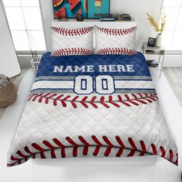 Personalized Baseball Quilt Bedding Set, Baseball Quilt Blanket & Pillowcase, Custom Name Number Duvet Cover Set, Gift for Dad, Husband, Son, Kid