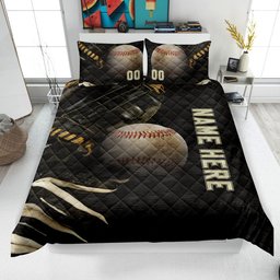 Personalized Baseball Quilt Bedding Set, Baseball Quilt Blanket & Pillowcases, Custom Name Number Duvet Cover Set, Gift for Dad, Husband, Son, Kid