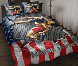 Personalized Wrestling Quilt Bedding Set, Wrestling USUS Flag Quilt Blanket With Pillowcases, Custom Name and Number Duvet Cover Set