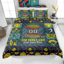 Personalized Softball Quilt Bedding Set, Softball Quilt Blanket & Pillowcase, Custom Name Number Duvet Cover Set, Gift for Mom, Daughter, Kid