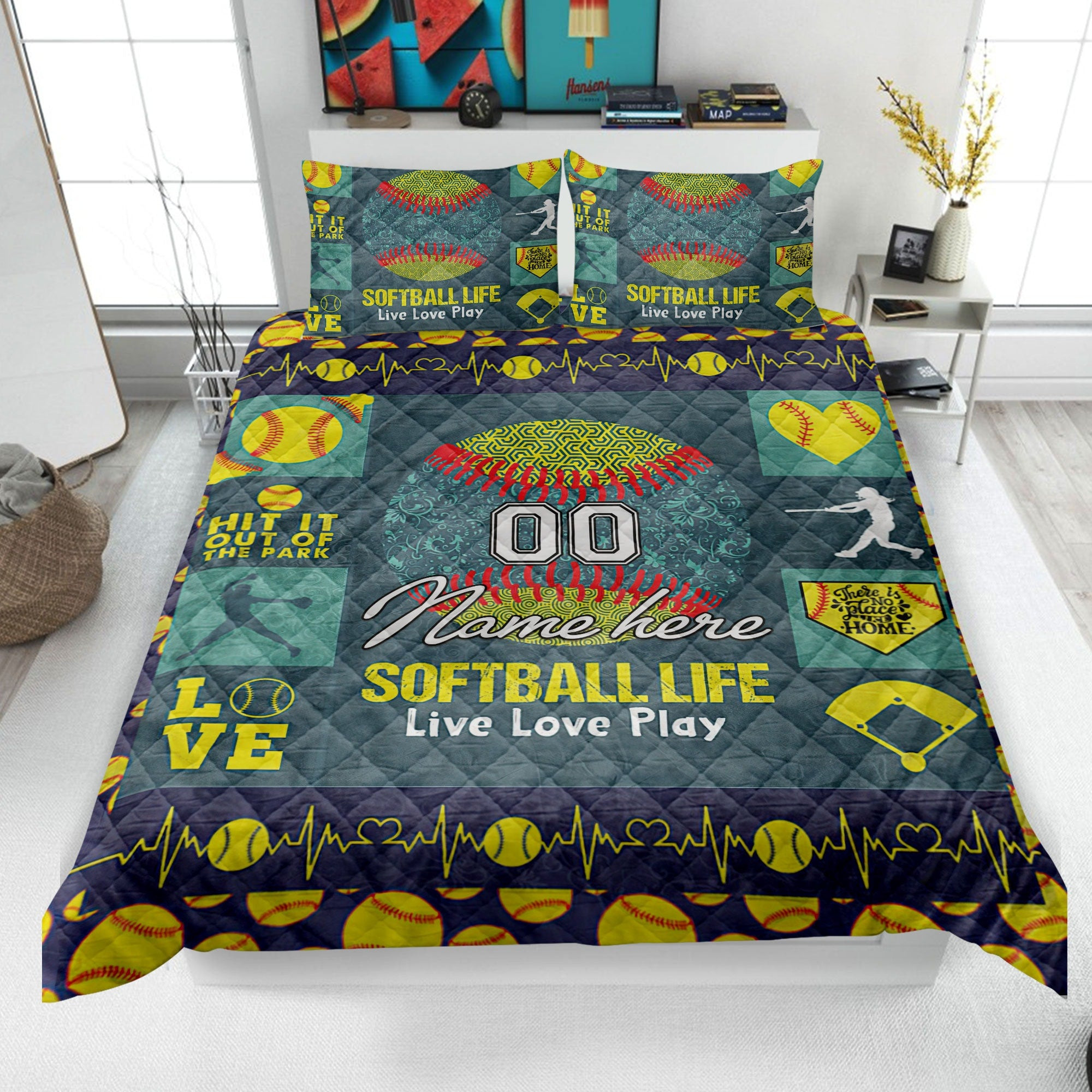 Personalized Softball Quilt Bedding Set, Softball Quilt Blanket & Pillowcase, Custom Name Number Duvet Cover Set, Gift for Mom, Daughter, Kid