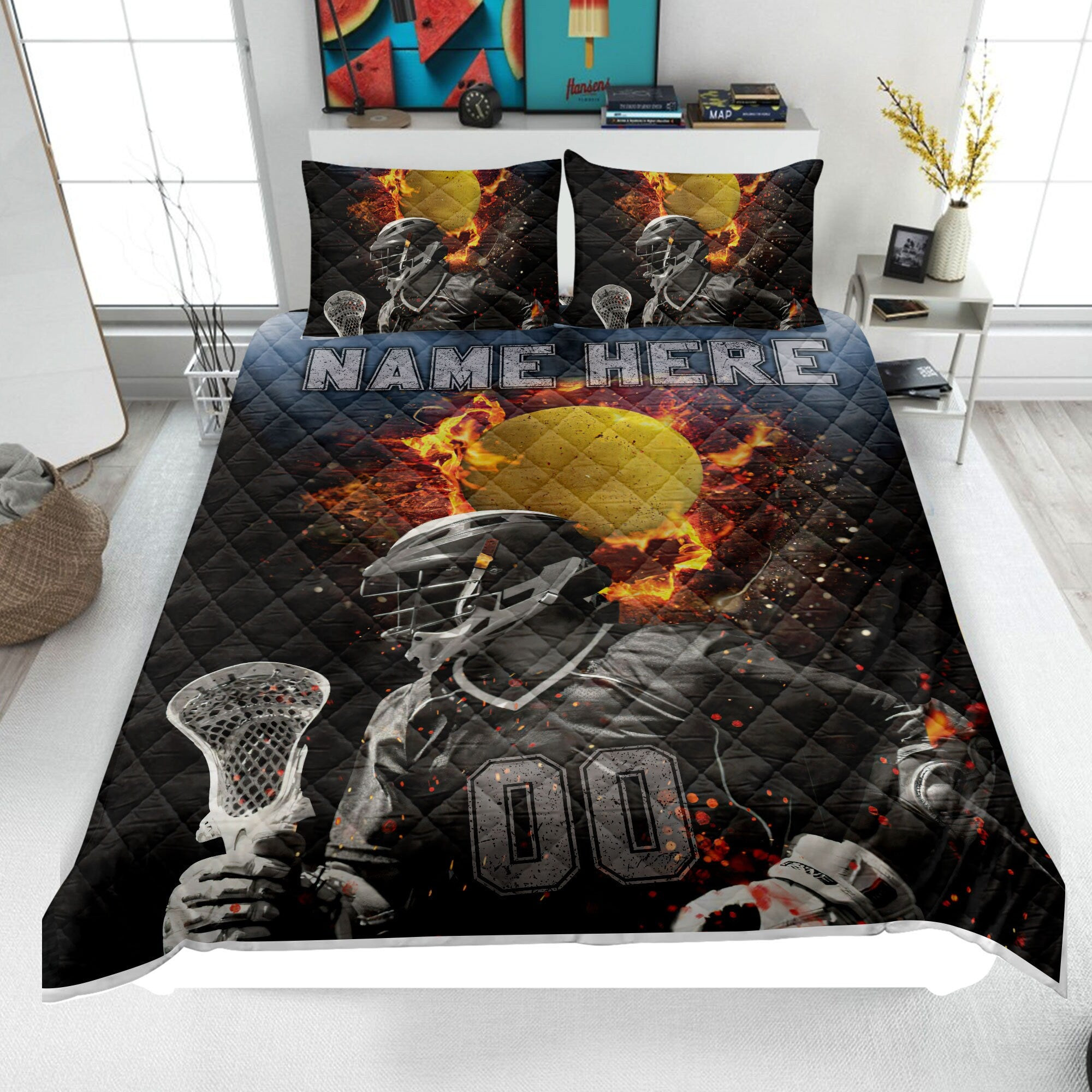 Personalized Lacrosse Quilt Bedding Set, Lacrosse Quilt Blanket & Pillowcase, Custom Name Number Duvet Cover Set, Gift for Dad, Husband, Son, Kid