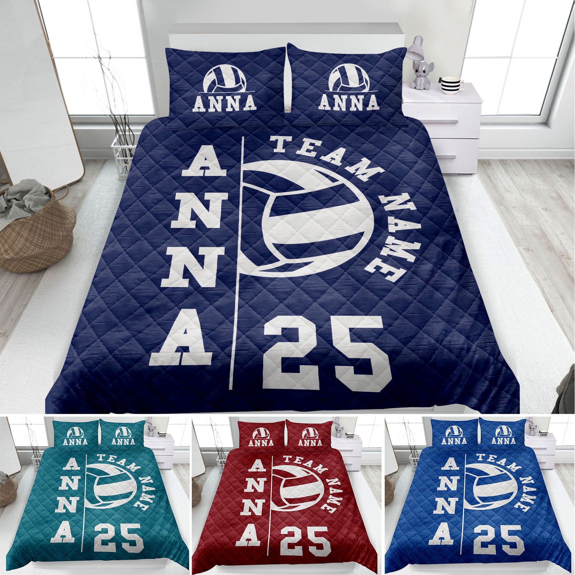 Personalized Volleyball Quilt Bedding Set, Volleyball Quilt Blanket & Pillowcase, Custom Name Number Duvet Cover Set, Gift for Daughter, Kid, Team