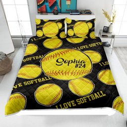 Personalized Softball Quilt Bedding Set, Softball Quilt Blanket & Pillowcase, Custom Name Number Duvet Cover Set, Gift for Mom, Daughter, Girl