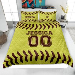 Personalized Softball Quilt Bedding Set, Softball Quilt Blanket & Pillowcase, Custom Name Number Duvet Cover Set, Gift for Mom, Daughter, Girl