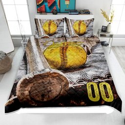 Personalized Softball Quilt Bedding Set, Softball Quilt Blanket & Pillowcase, Custom Name Number Duvet Cover Set, Gift for Mom, Daughter, Girl