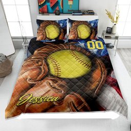 Personalized Softball Quilt Bedding Set, Softball Quilt Blanket & Pillowcase, Custom Name Number Duvet Cover Set, Gift for Mom, Daughter, Girl