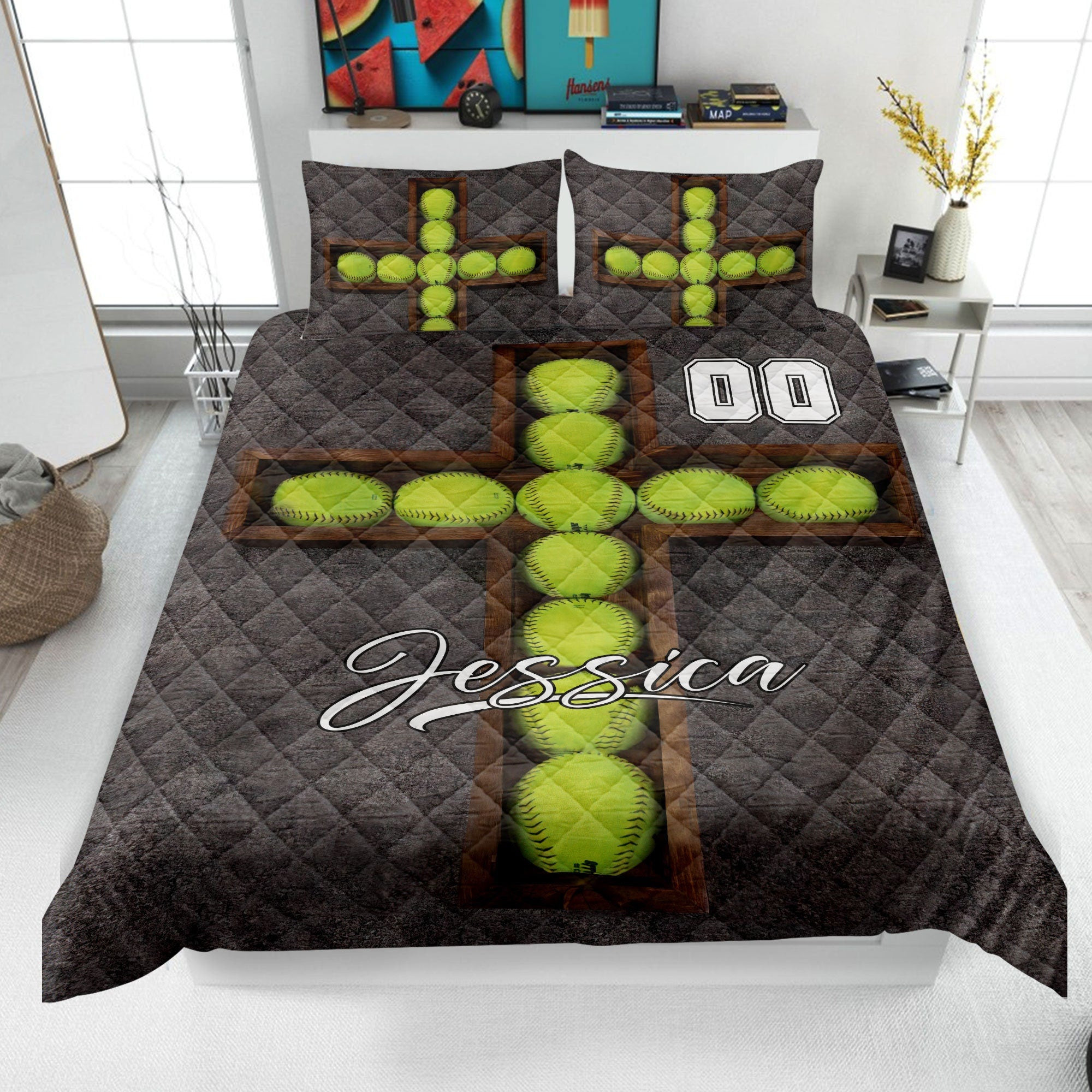 Personalized Softball Quilt Bedding Set, Softball Quilt Blanket & Pillowcase, Custom Name Number Duvet Cover Set, Gift for Mom, Daughter, Girl