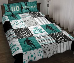 Personalized Soccer Quilt Bedding Set, Eat Sleep Soccer Boy Quilt Blanket With Pillowcases, Custom Name and Number Duvet Cover Set