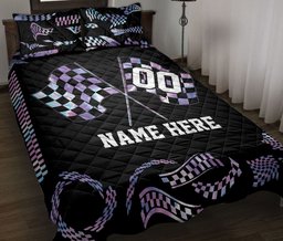 Personalized Racing Quilt Bedding Set, Checkered Racing Flag Racer Quilt Blanket With Pillowcases, Custom Name and Number Duvet Cover Set