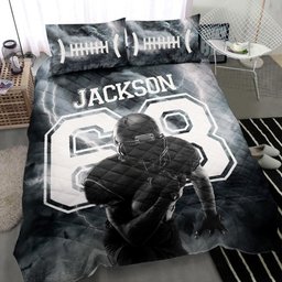 Personalized Football Quilt Bedding Set, Football Boy Storm Black Quilt Blanket With Pillowcases, Custom Name and Number Duvet Cover Set