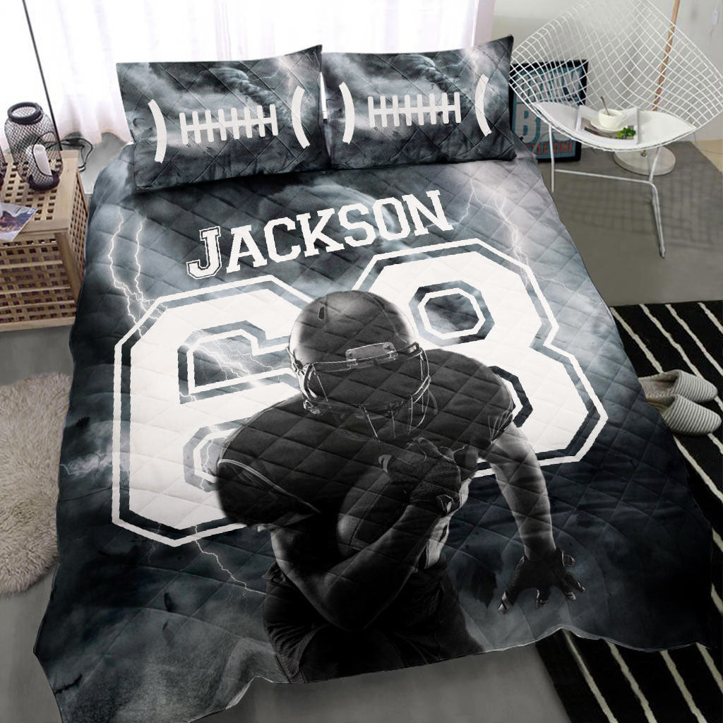 Personalized Football Quilt Bedding Set, Football Boy Storm Black Quilt Blanket With Pillowcases, Custom Name and Number Duvet Cover Set