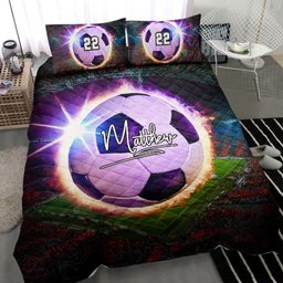 Personalized Soccer Quilt Bedding Set, Soccer Fire Ball Quilt Blanket With Pillowcases, Custom Name and Number Duvet Cover Set