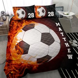 Personalized Soccer Quilt Bedding Set, Soccer Fire Ball Quilt Blanket With Pillowcases, Custom Name and Number Duvet Cover Set
