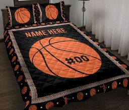 Personalized Basketball Quilt Bedding Set, Basketball Orange Ball Quilt Blanket With Pillowcases, Custom Name and Number Duvet Cover Set