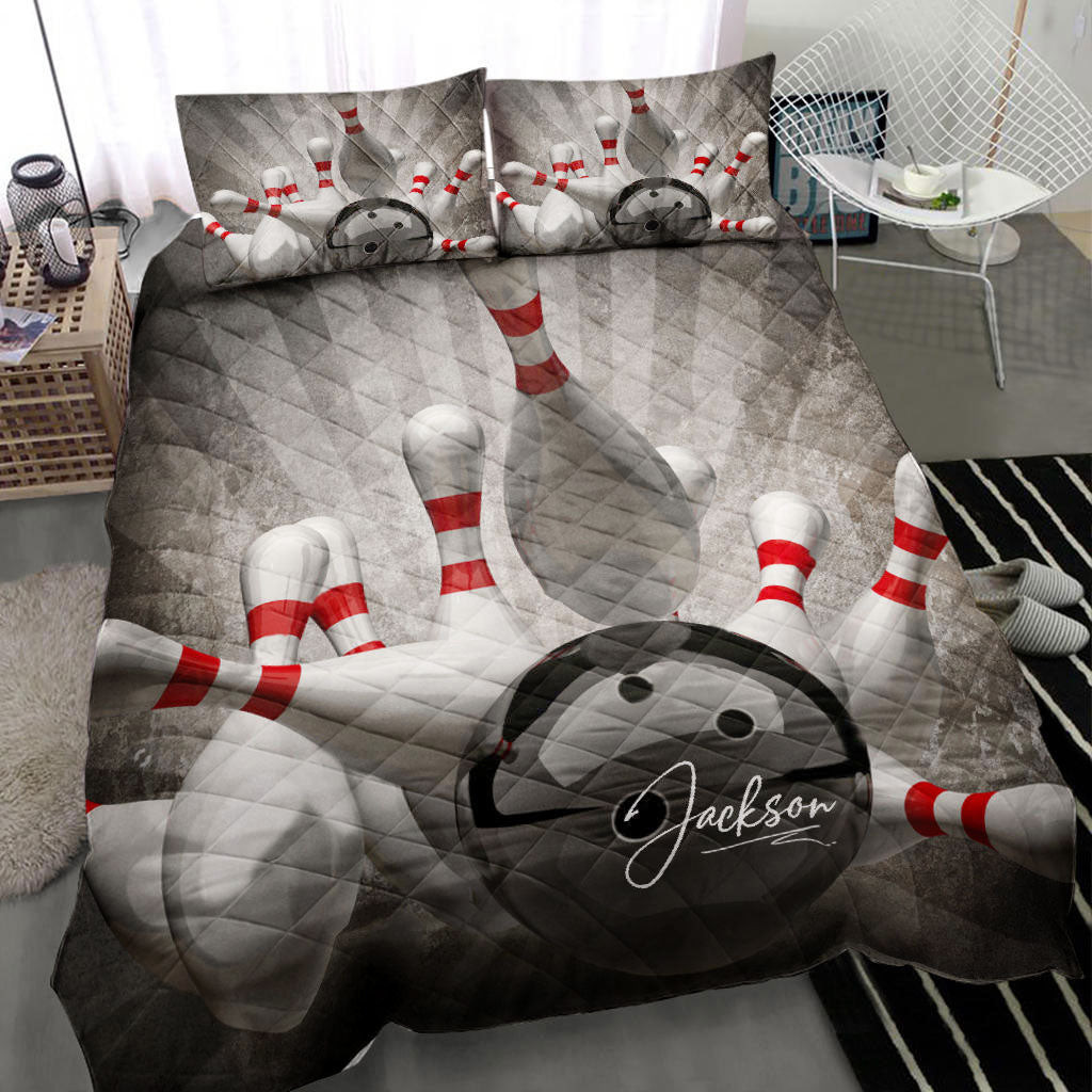 Personalized Bowling Quilt Bedding Set, Bowling Strike Bowler Grey Quilt Blanket With Pillowcases, Custom Name and Number Duvet Cover Set